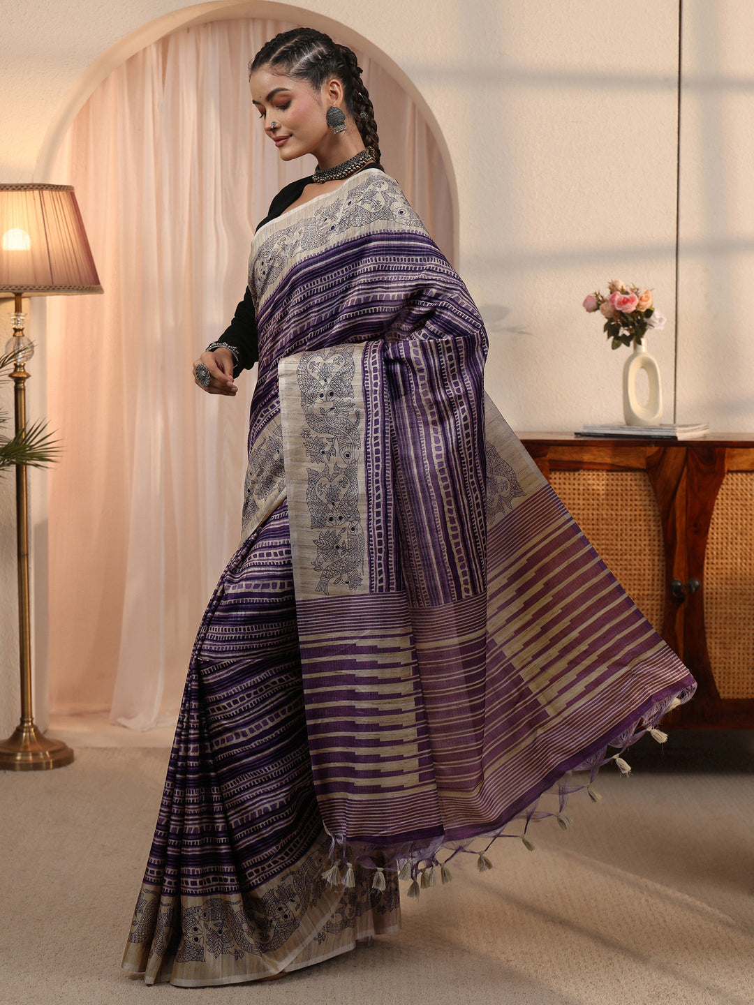 Libas Purple Striped Printed Silk Blend Tassel Saree with Madhubani Border