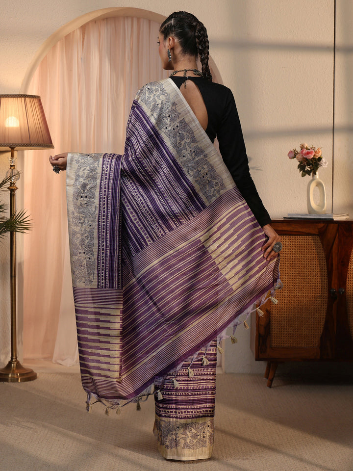 Libas Purple Striped Printed Silk Blend Tassel Saree with Madhubani Border