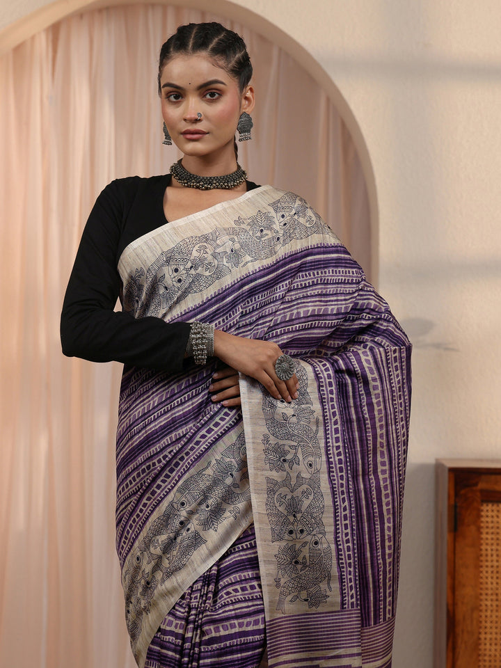 Libas Purple Striped Printed Silk Blend Tassel Saree with Madhubani Border