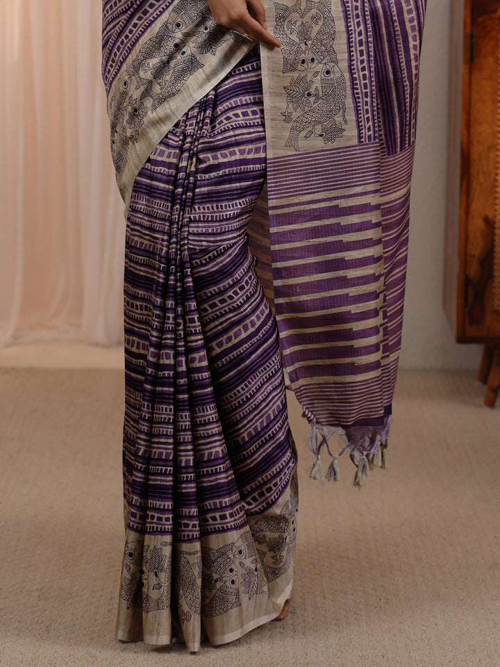 Libas Purple Striped Printed Silk Blend Tassel Saree with Madhubani Border