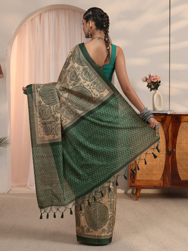 Libas Beige and Green Warli Printed Silk Blend Tassel Saree