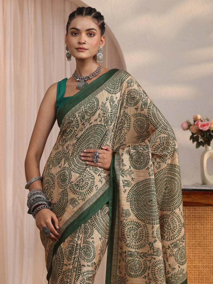 Libas Beige and Green Warli Printed Silk Blend Tassel Saree