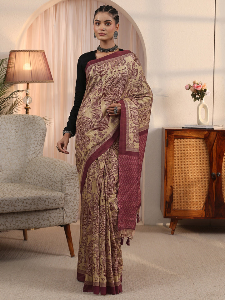 Libas Beige and Purple Warli Printed Silk Blend Tassel Saree