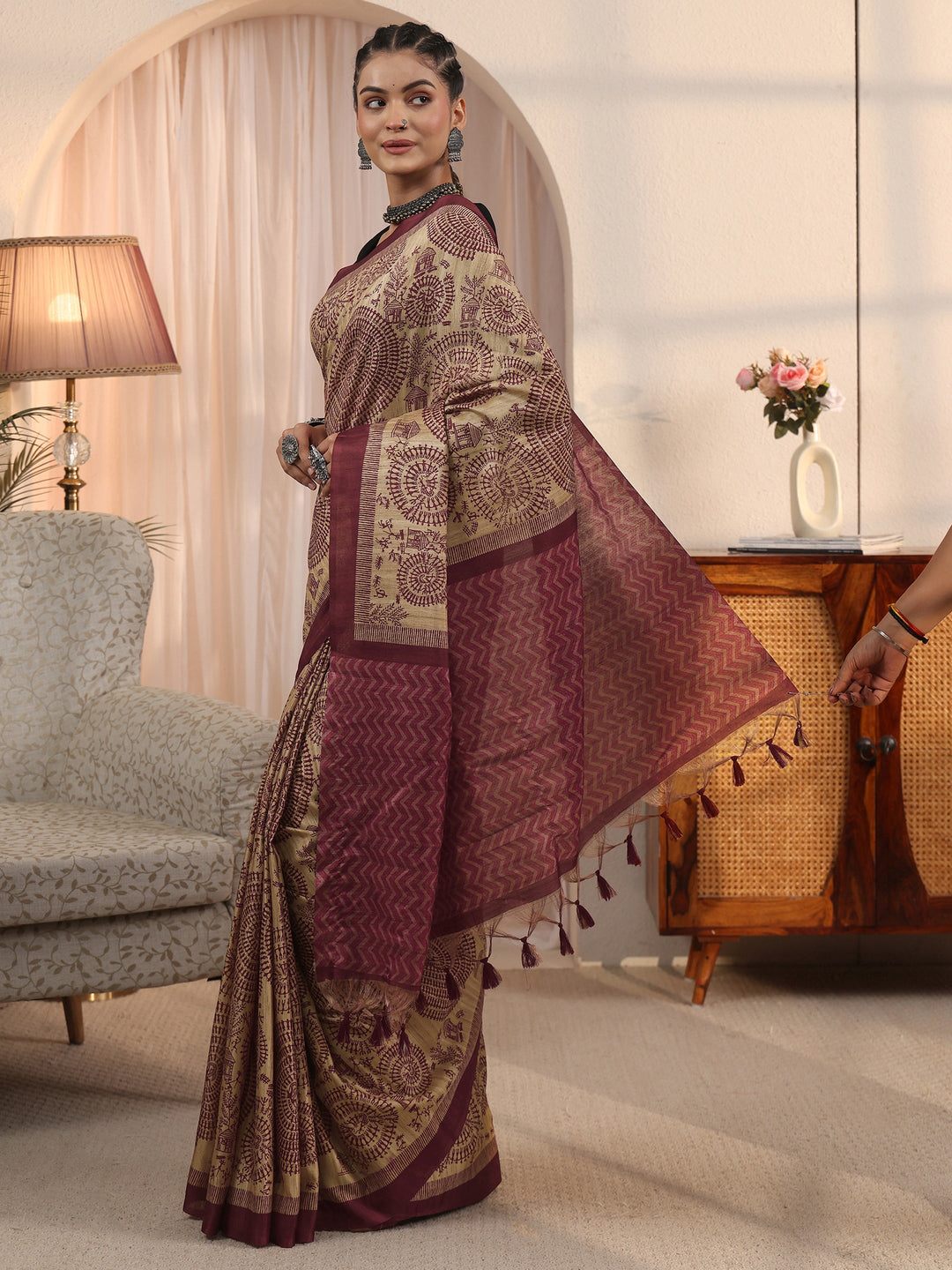 Libas Beige and Purple Warli Printed Silk Blend Tassel Saree