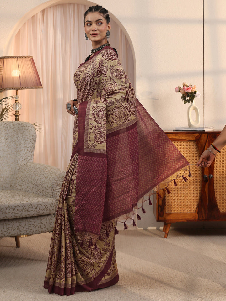 Libas Beige and Purple Warli Printed Silk Blend Tassel Saree