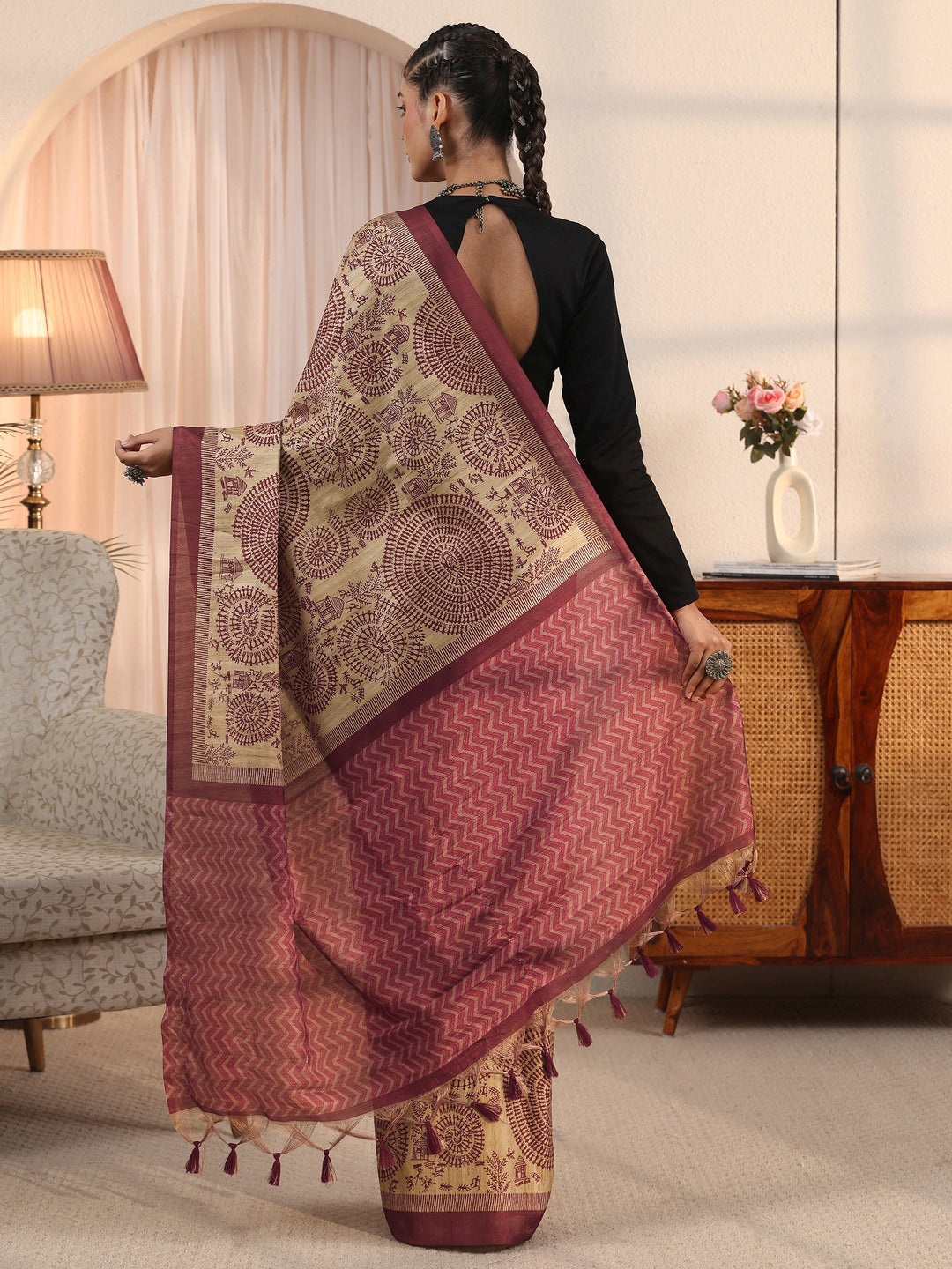 Libas Beige and Purple Warli Printed Silk Blend Tassel Saree