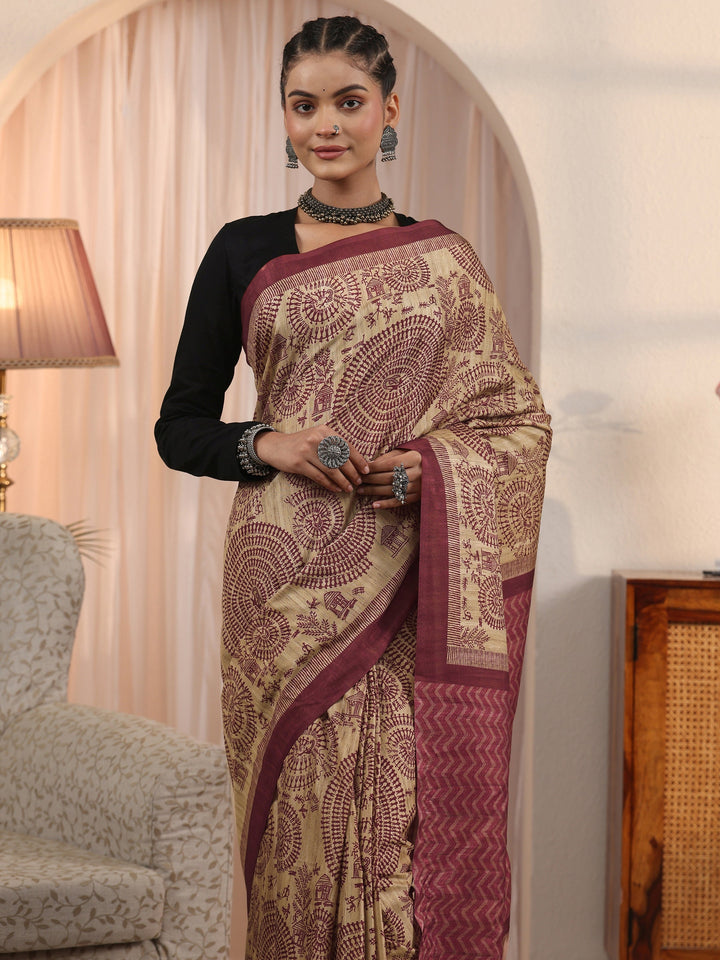 Libas Beige and Purple Warli Printed Silk Blend Tassel Saree