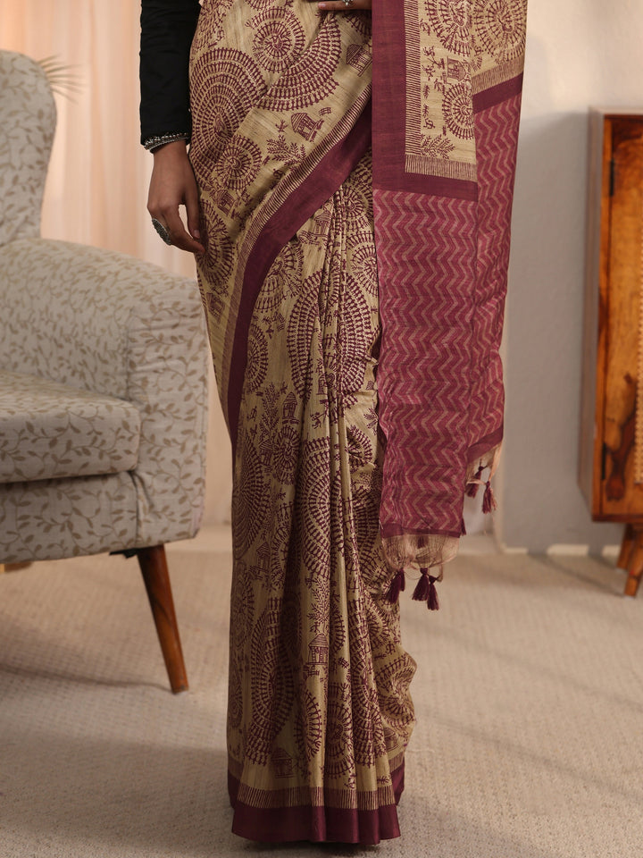 Libas Beige and Purple Warli Printed Silk Blend Tassel Saree