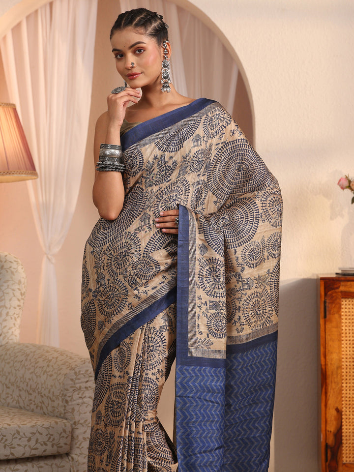 Libas Beige and Blue Warli Printed Silk Blend Tassel Saree
