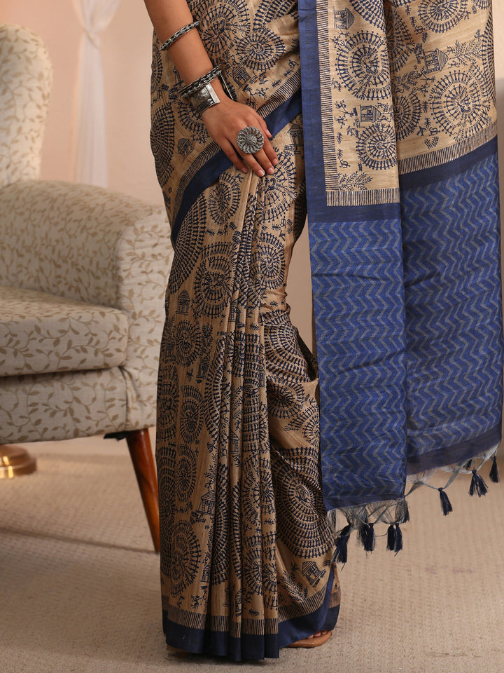 Libas Beige and Blue Warli Printed Silk Blend Tassel Saree
