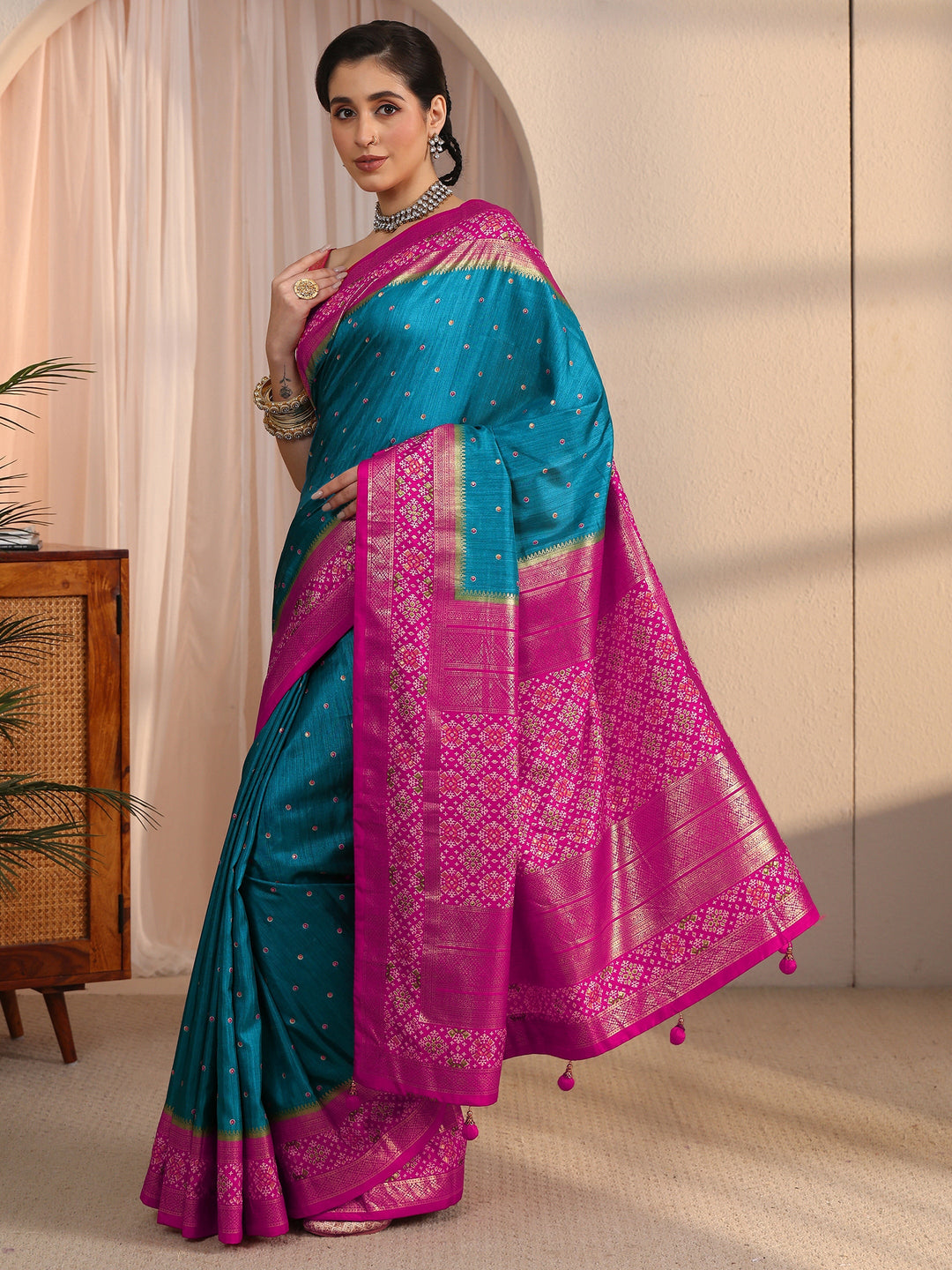 Libas Blue and Pink Foil Printed Silk Blend Saree