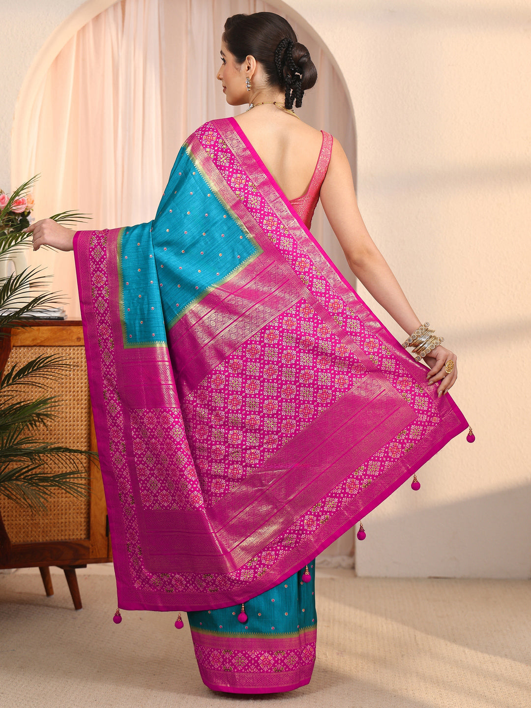 Libas Blue and Pink Foil Printed Silk Blend Saree