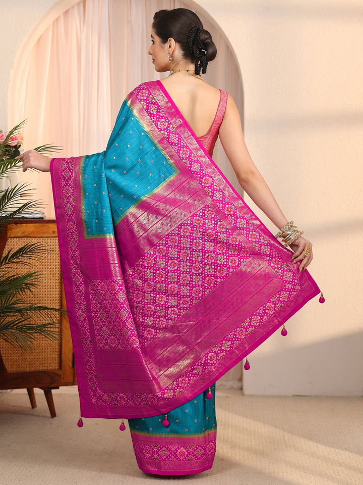 Libas Blue and Pink Foil Printed Silk Blend Saree