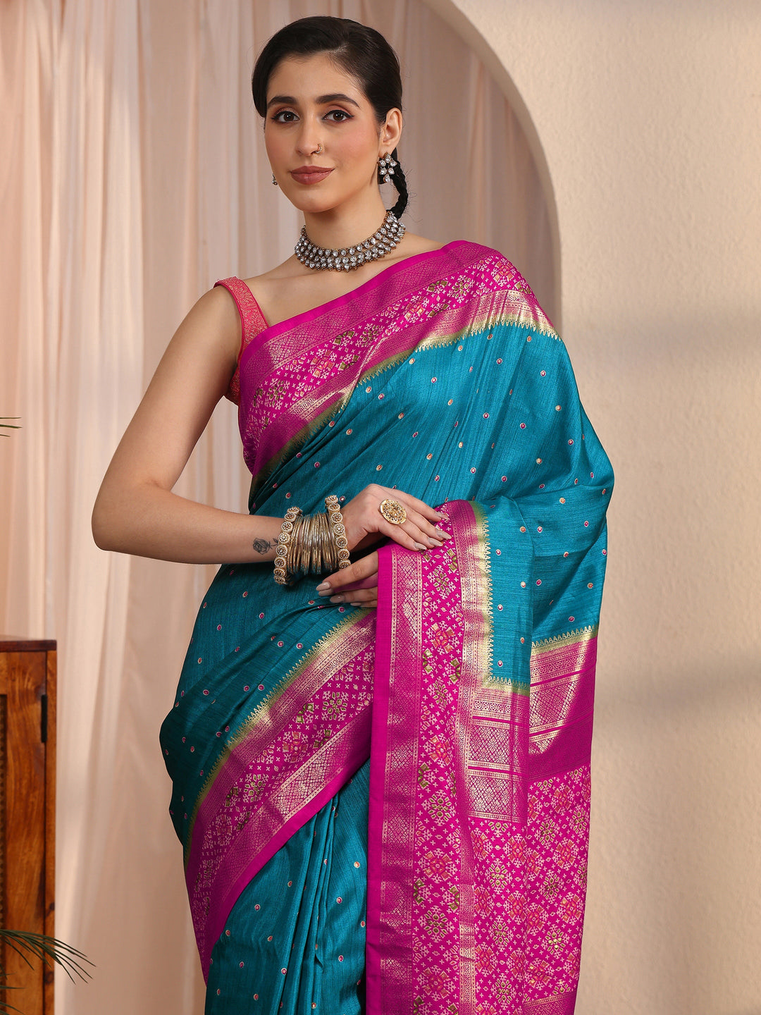 Libas Blue and Pink Foil Printed Silk Blend Saree