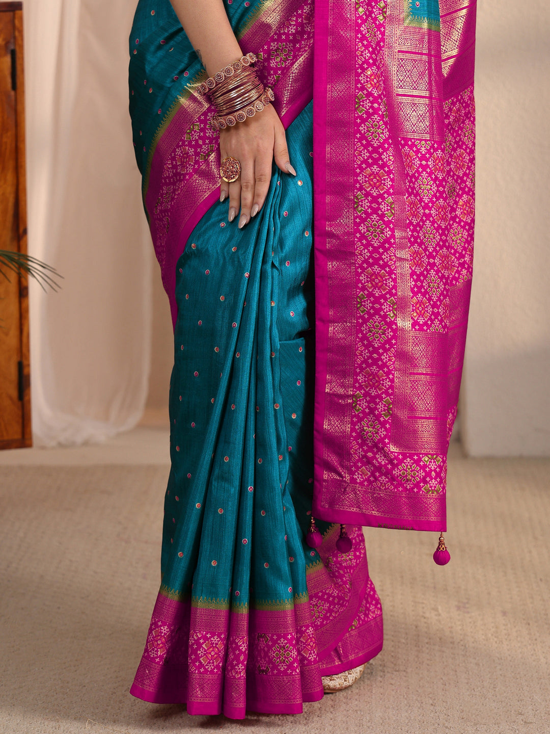 Libas Blue and Pink Foil Printed Silk Blend Saree