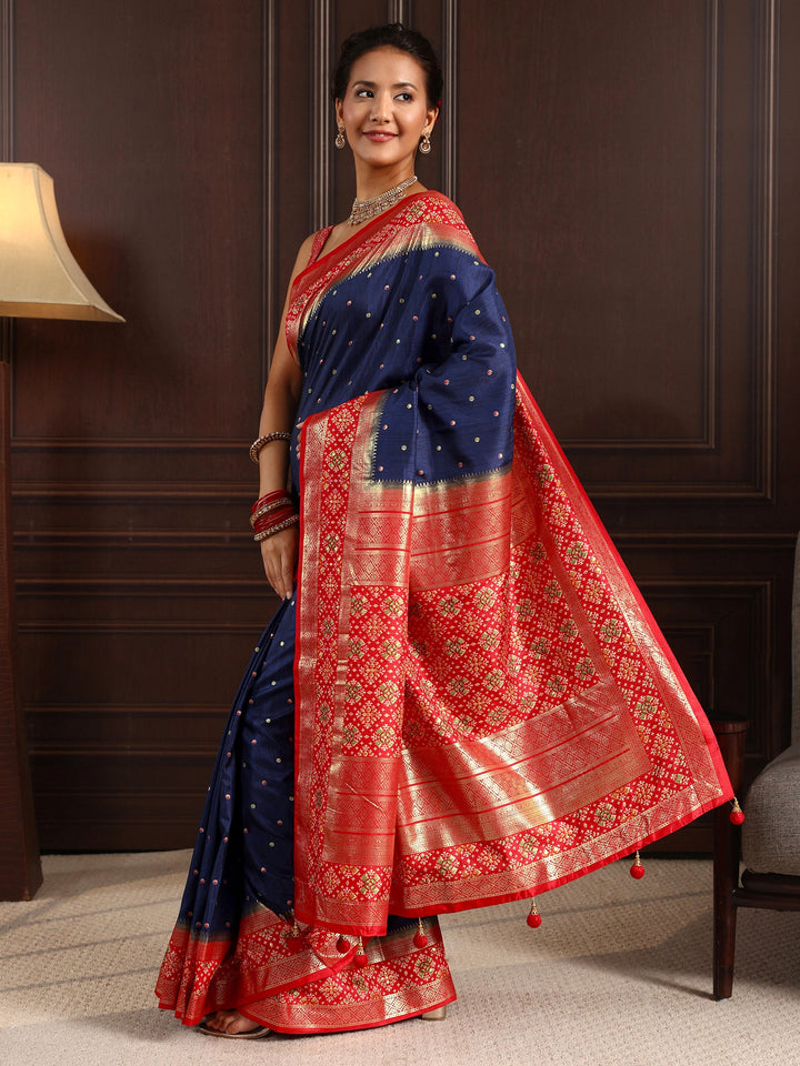 Libas Royal Blue Mirror Work Patola Pallu Silk Blend Saree