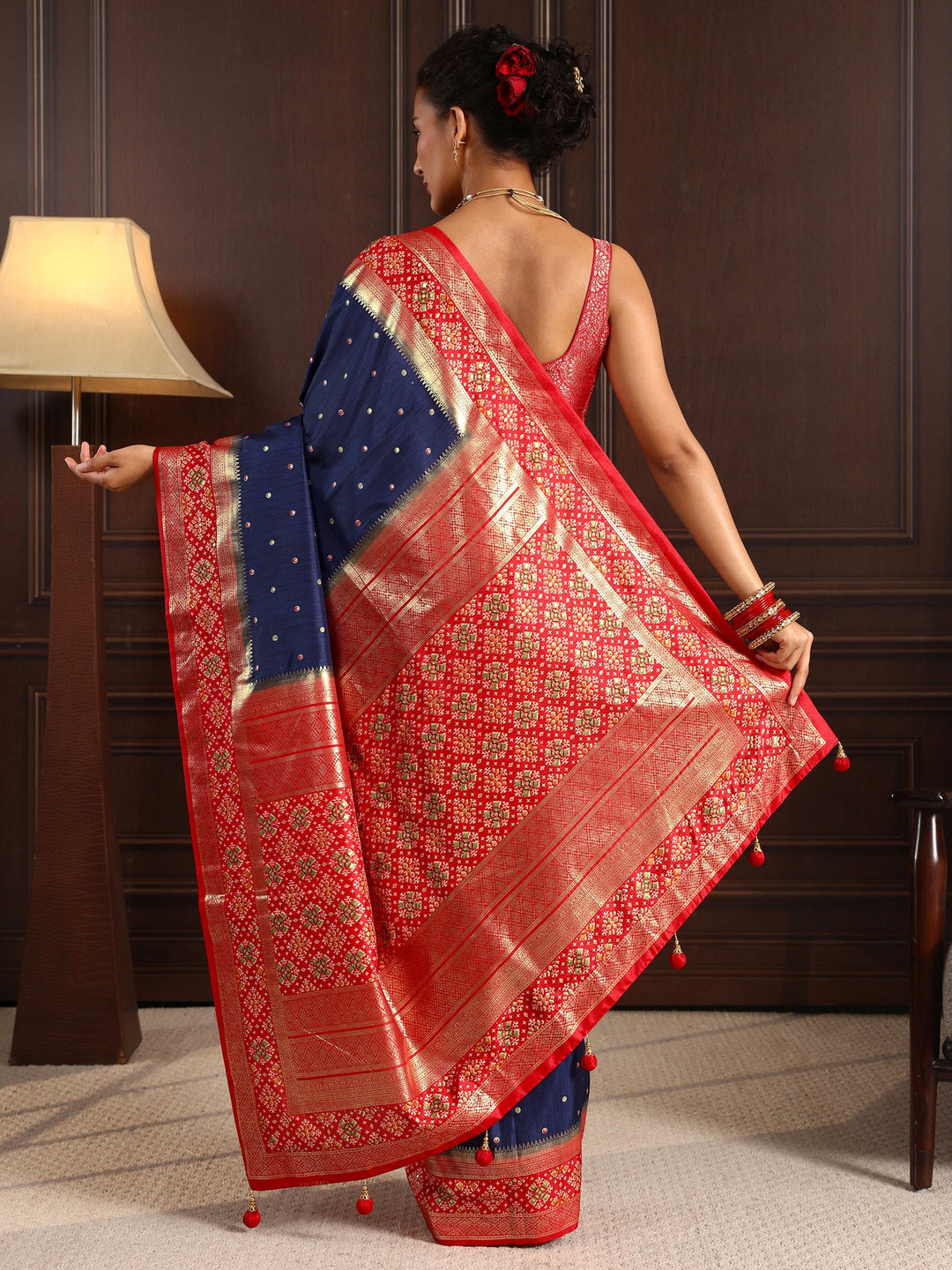 Libas Royal Blue Mirror Work Patola Pallu Silk Blend Saree