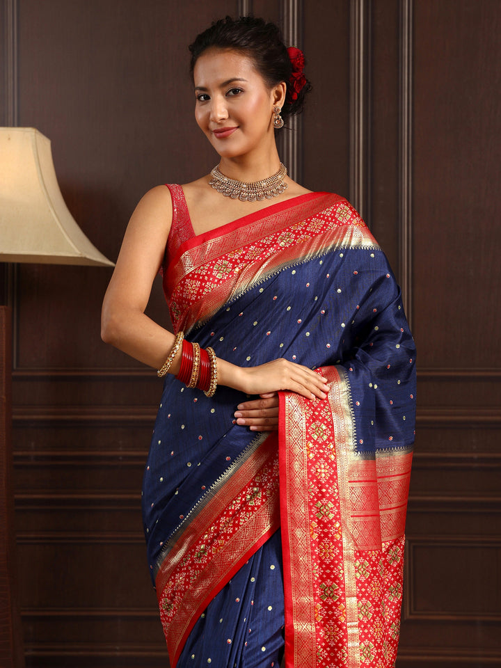 Libas Royal Blue Mirror Work Patola Pallu Silk Blend Saree