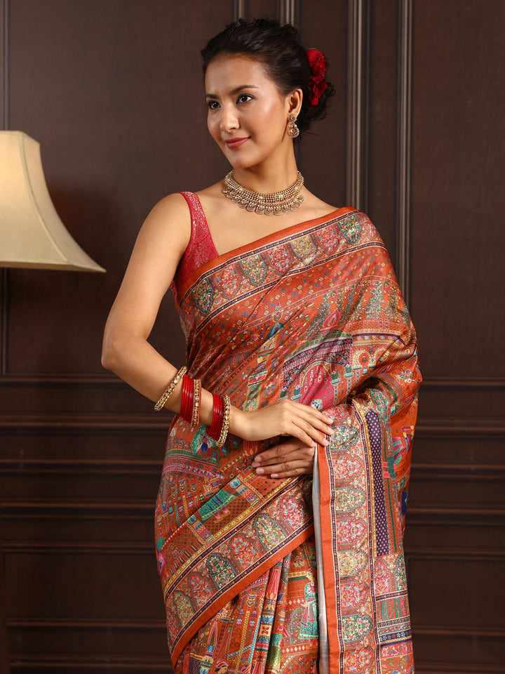 Libas Art Black Mughal Design Digital Print Silk Blend Saree