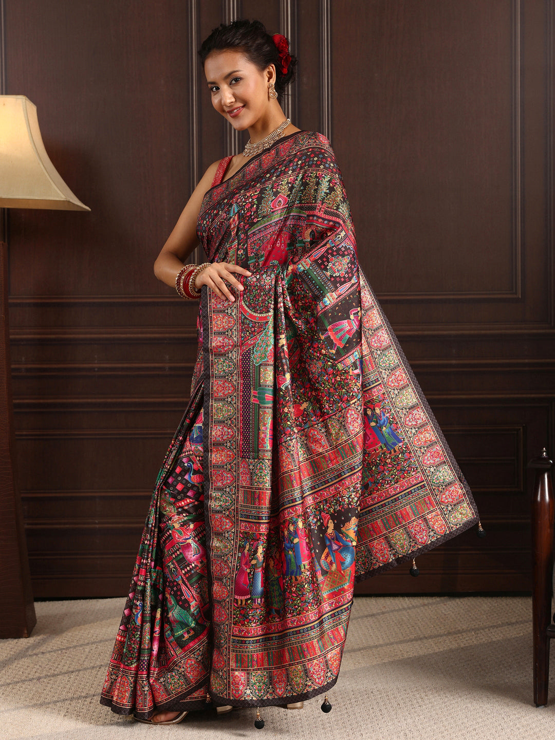 Libas Art Orange Mughal Design Digital Print Silk Blend Saree