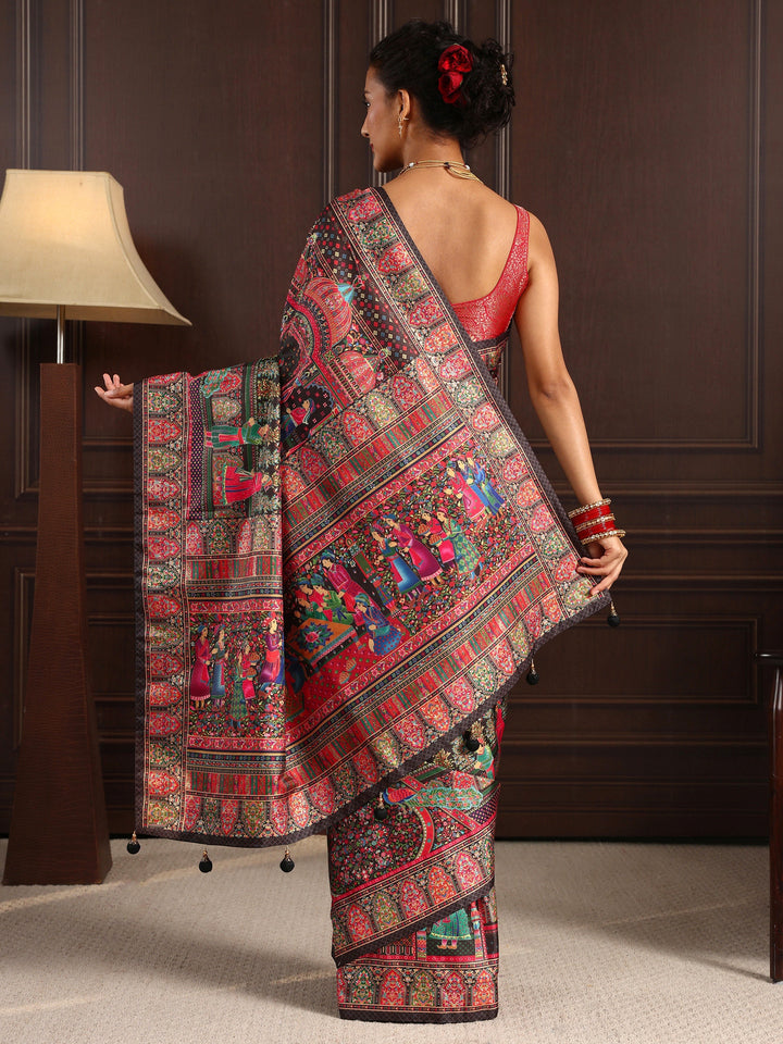Libas Art Orange Mughal Design Digital Print Silk Blend Saree