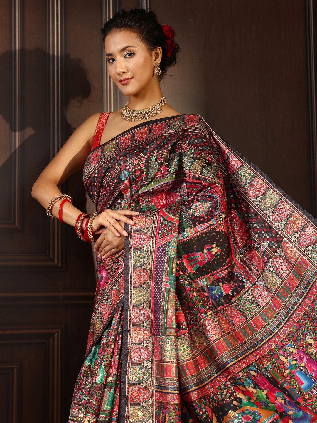 Libas Art Orange Mughal Design Digital Print Silk Blend Saree