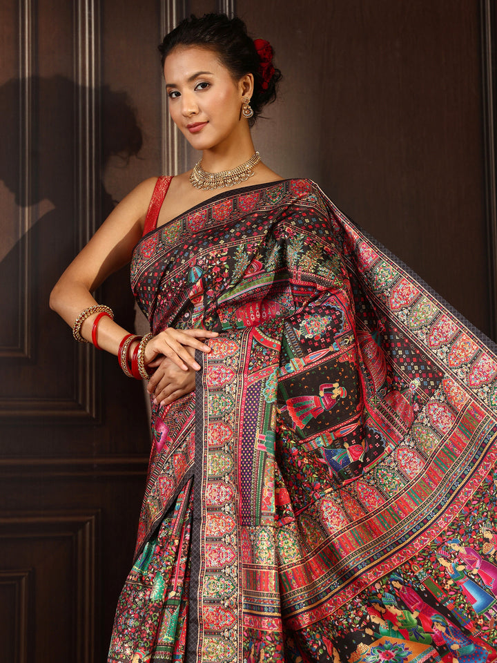 Libas Art Orange Mughal Design Digital Print Silk Blend Saree