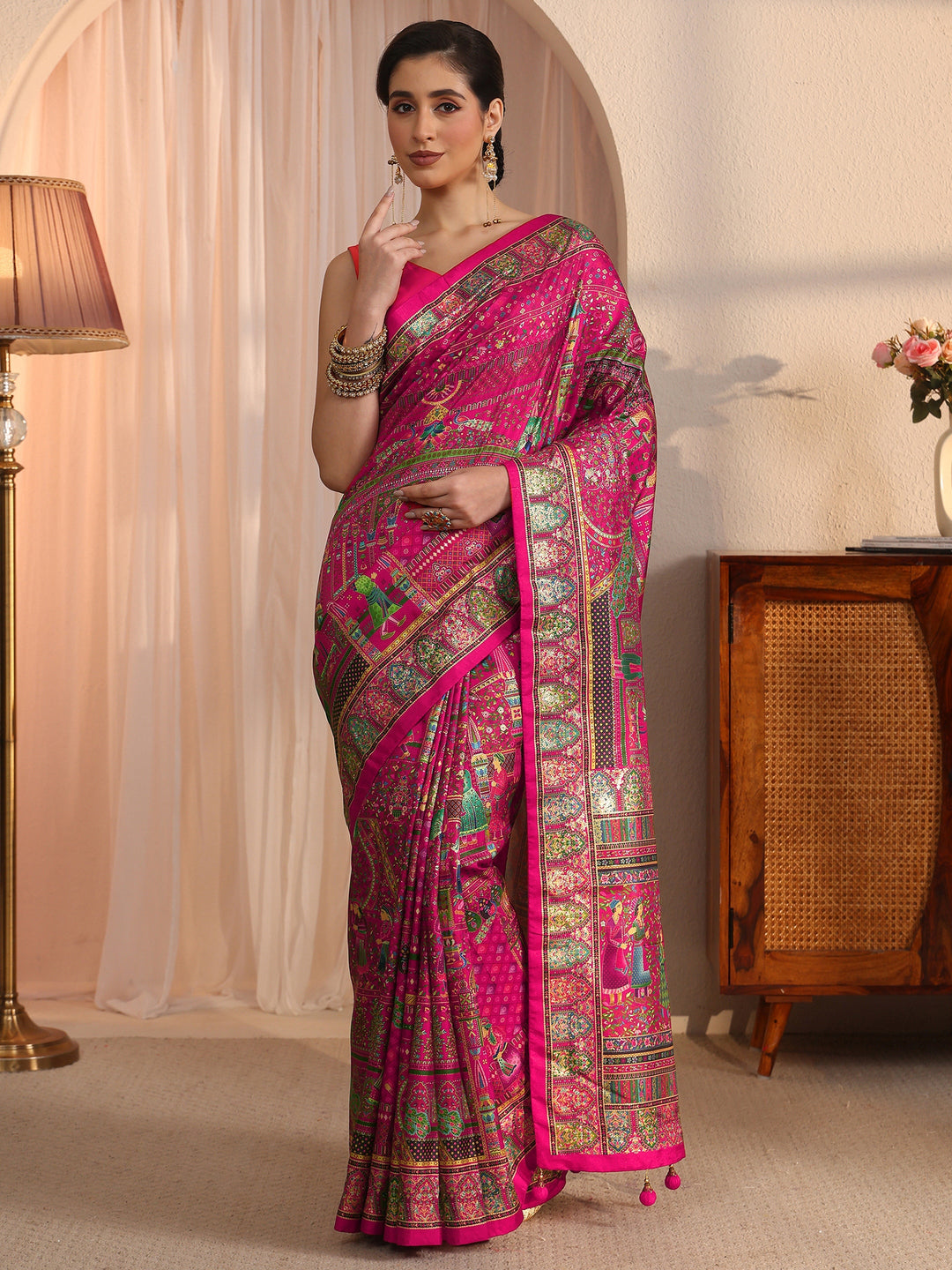 Libas Art Rani Pink Mughal Foil Printed Silk Blend Saree