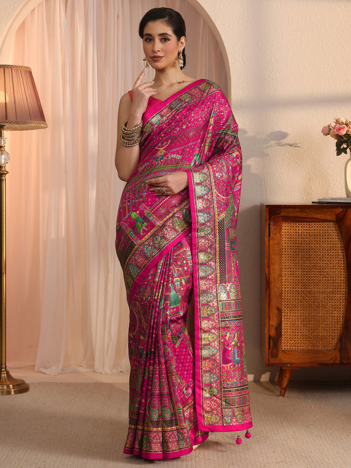 Libas Art Rani Pink Mughal Foil Printed Silk Blend Saree