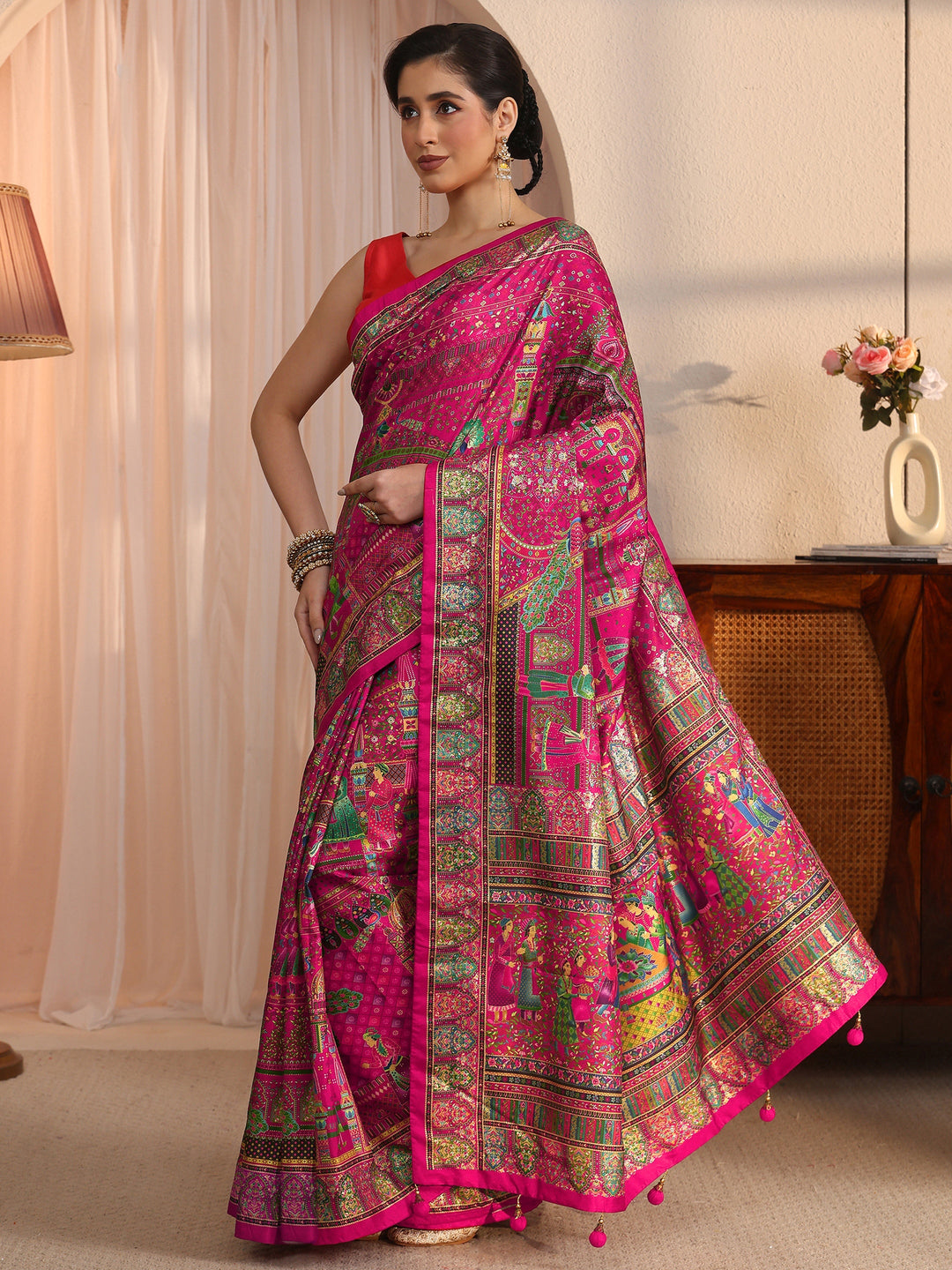 Libas Art Rani Pink Mughal Foil Printed Silk Blend Saree