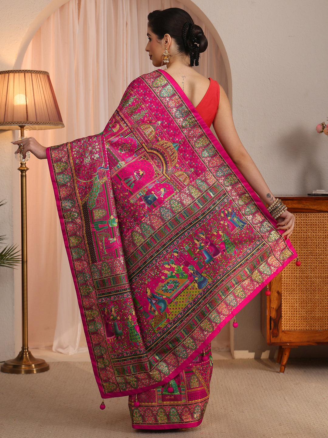 Libas Art Rani Pink Mughal Foil Printed Silk Blend Saree