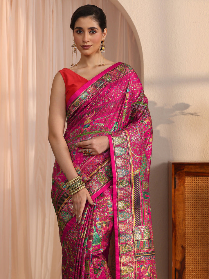 Libas Art Rani Pink Mughal Foil Printed Silk Blend Saree
