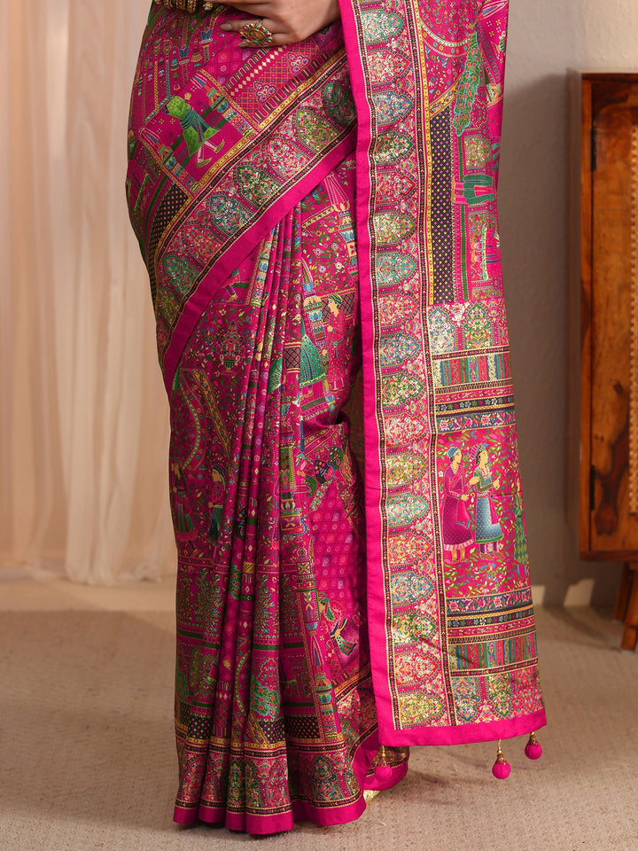 Libas Art Rani Pink Mughal Foil Printed Silk Blend Saree