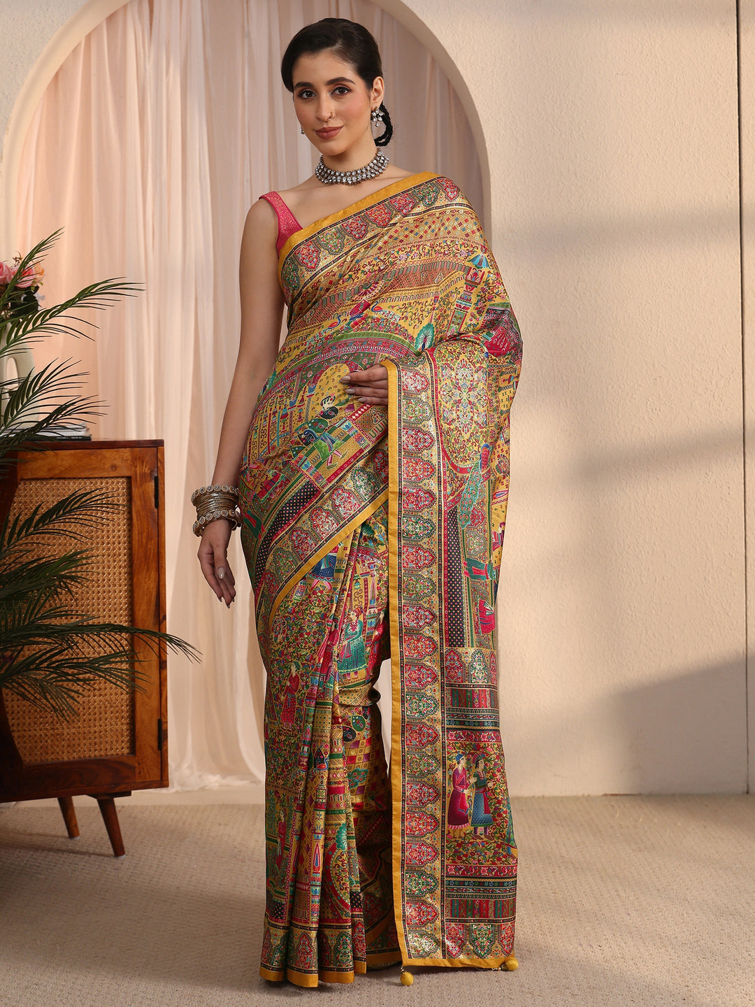 Libas Art Mustard Mughal Foil Printed Silk Blend Saree