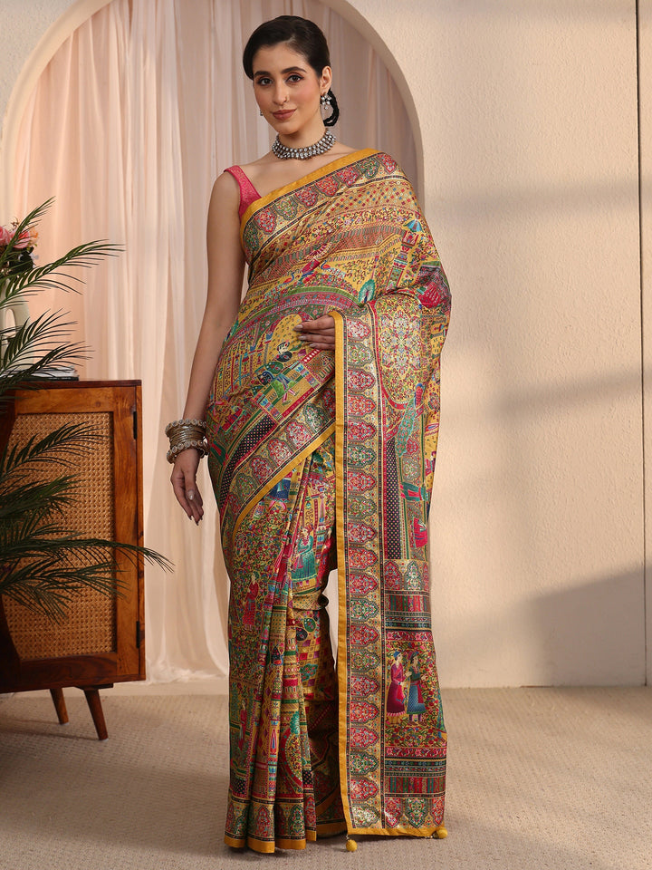 Libas Art Mustard Mughal Foil Printed Silk Blend Saree