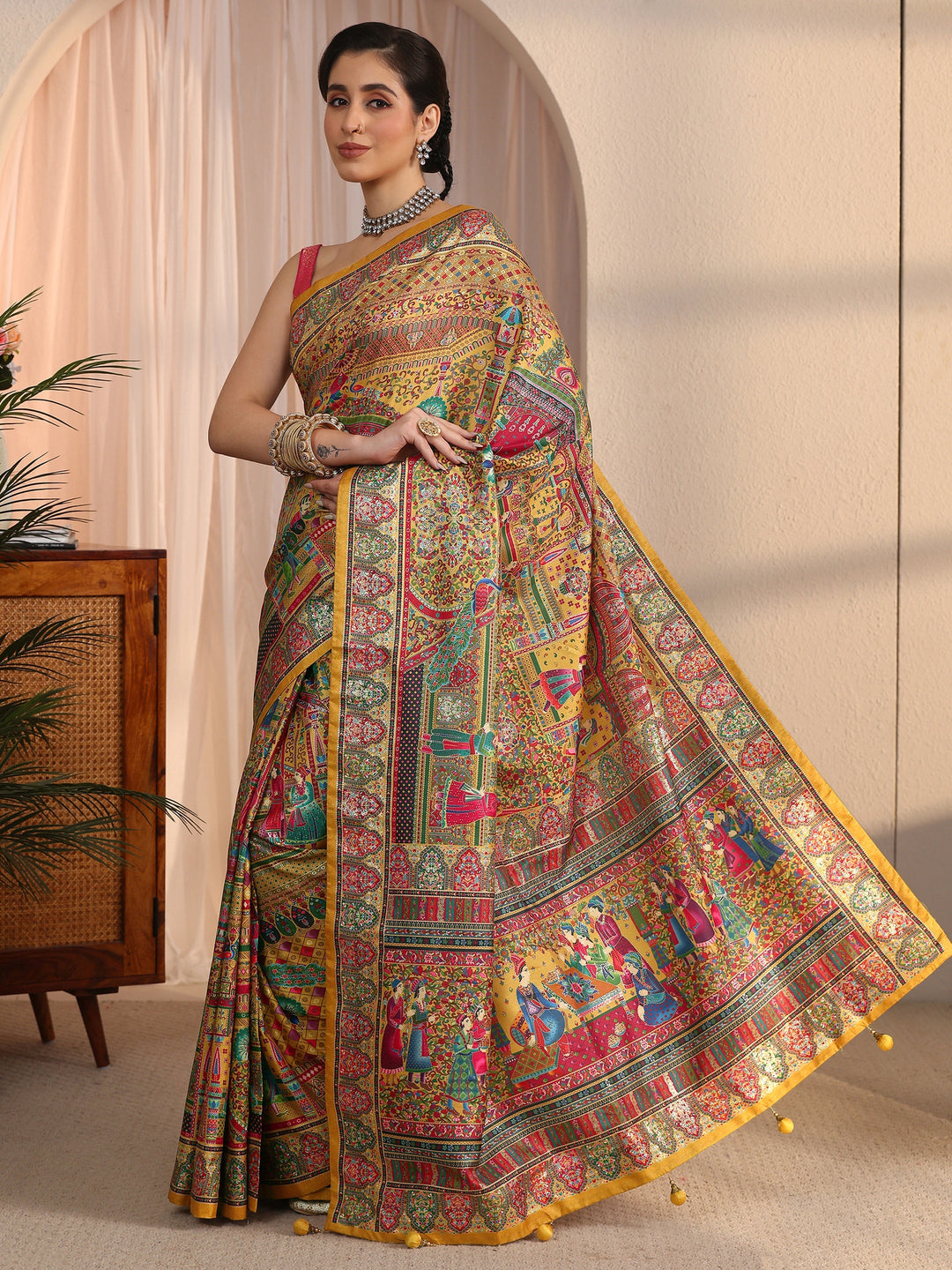 Libas Art Mustard Mughal Foil Printed Silk Blend Saree