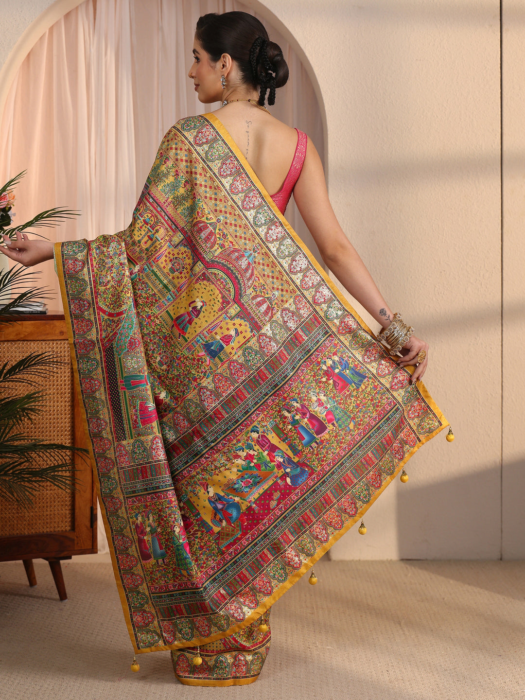 Libas Art Mustard Mughal Foil Printed Silk Blend Saree
