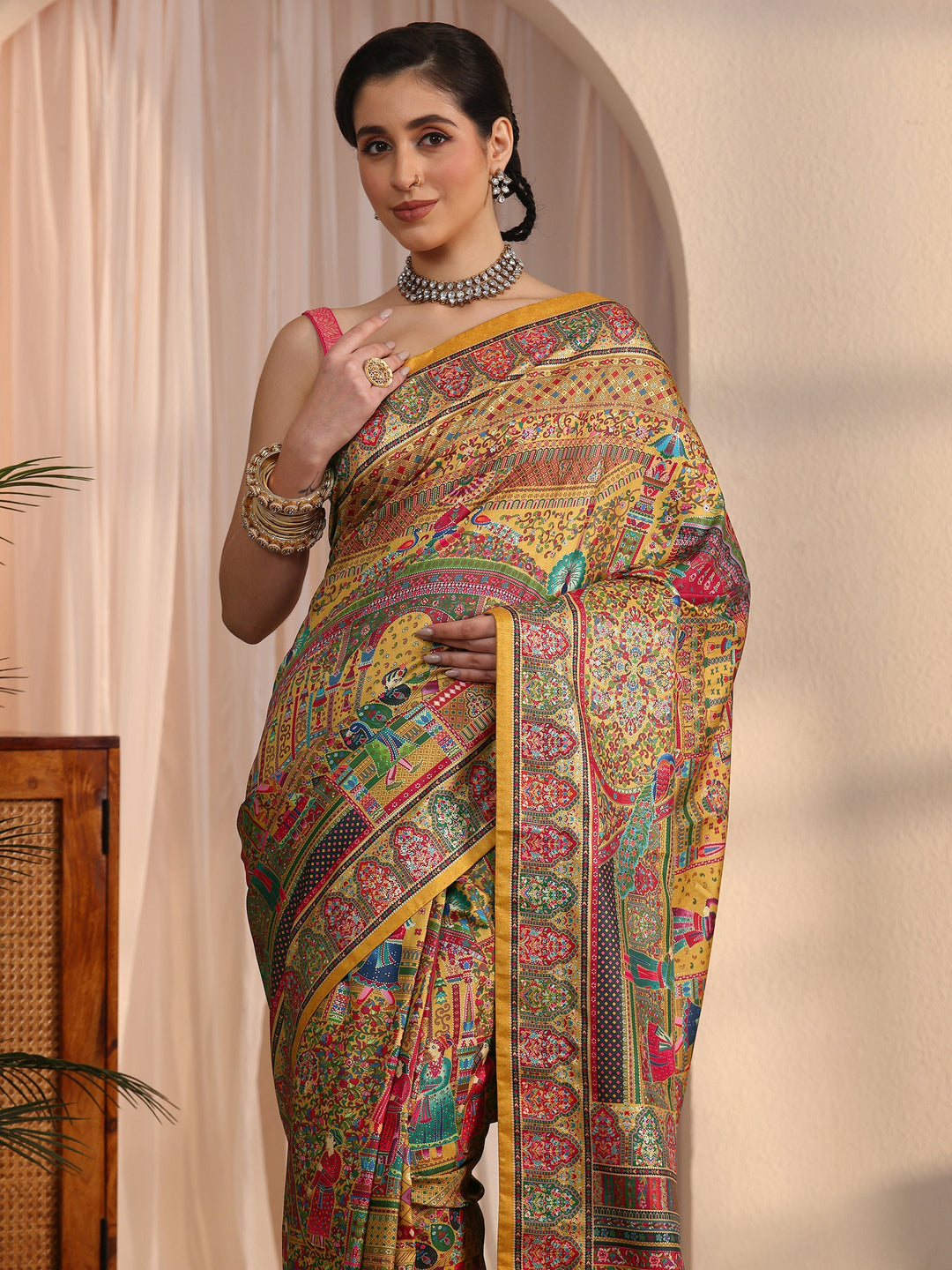 Libas Art Mustard Mughal Foil Printed Silk Blend Saree