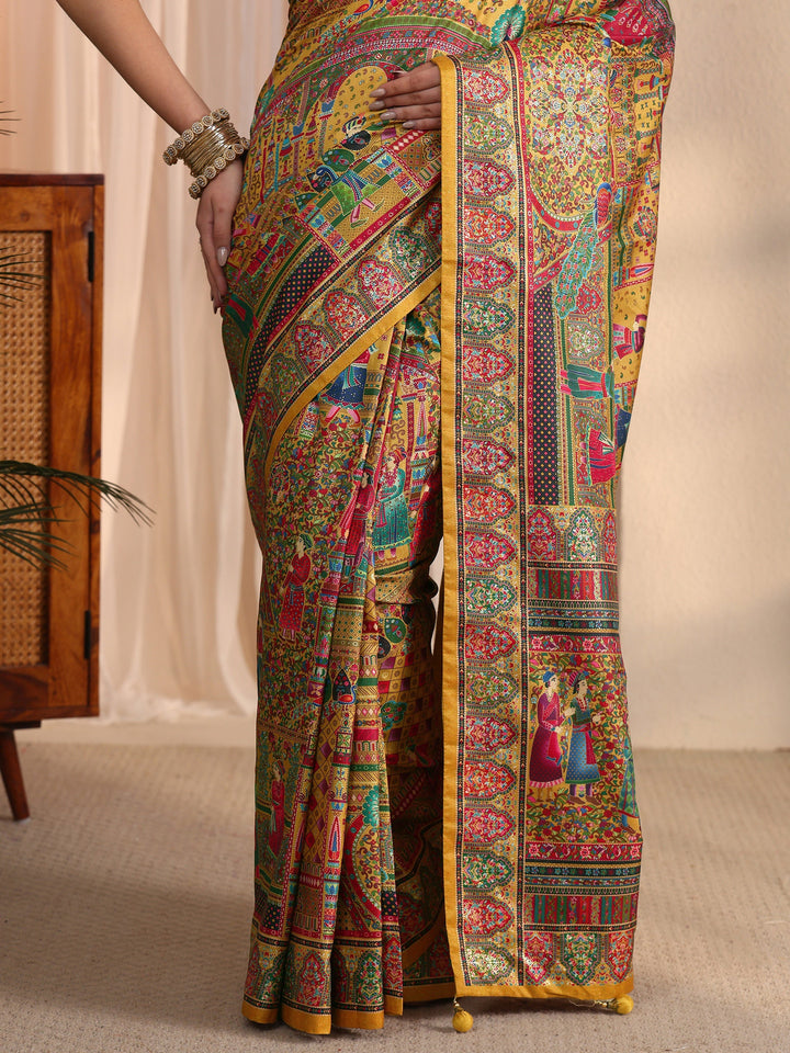 Libas Art Mustard Mughal Foil Printed Silk Blend Saree