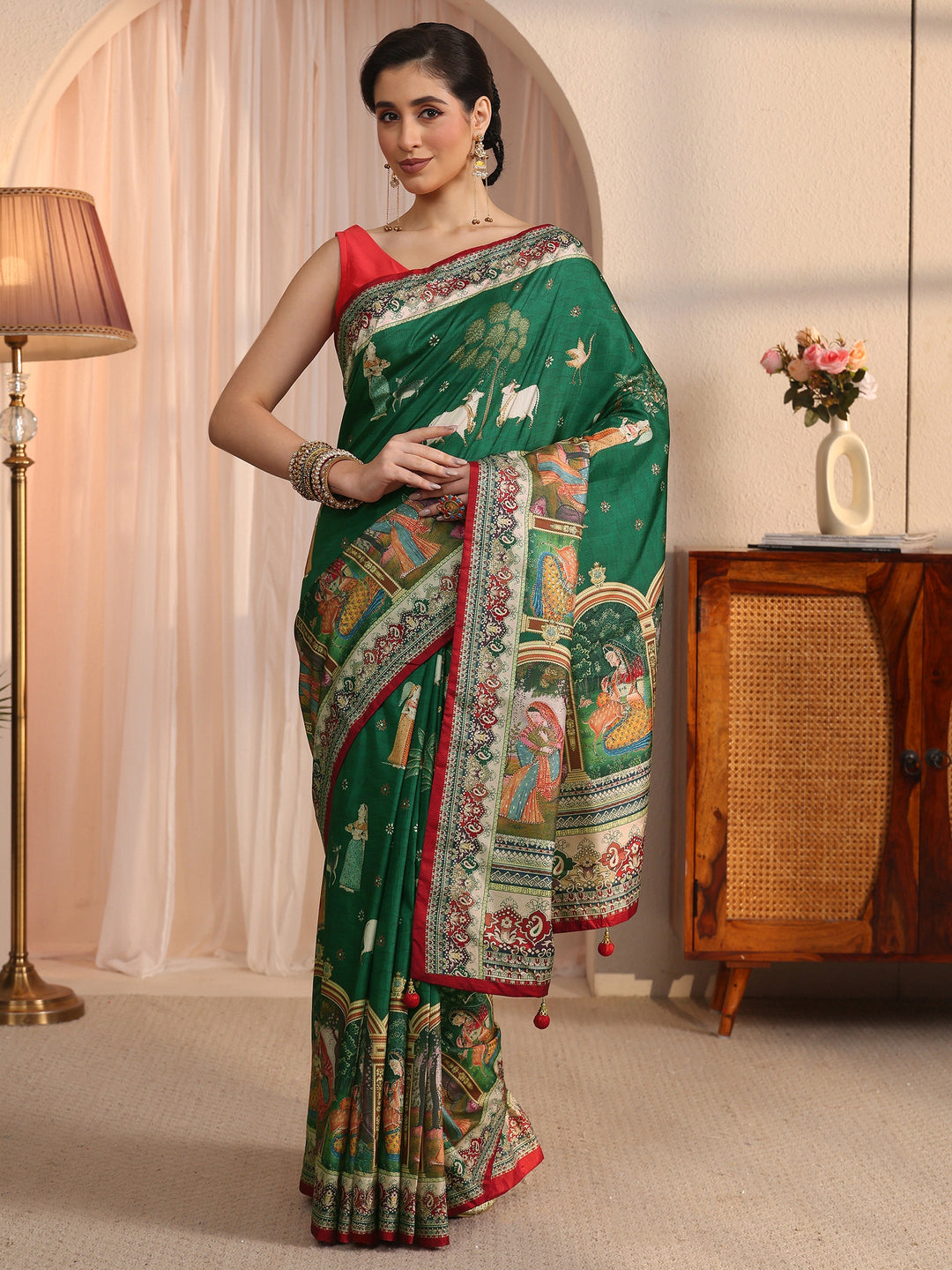 Libas Green Pichwai Printed Silk Blend Saree