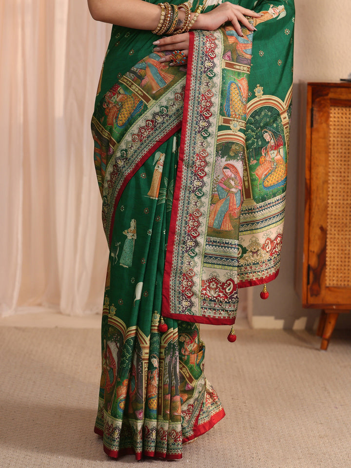 Libas Green Pichwai Printed Silk Blend Saree