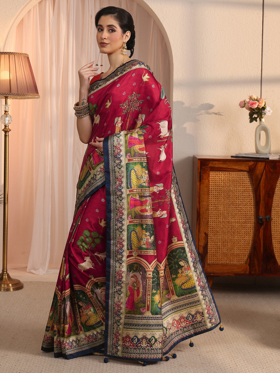 Libas Red Pichwai Printed Silk Blend Saree
