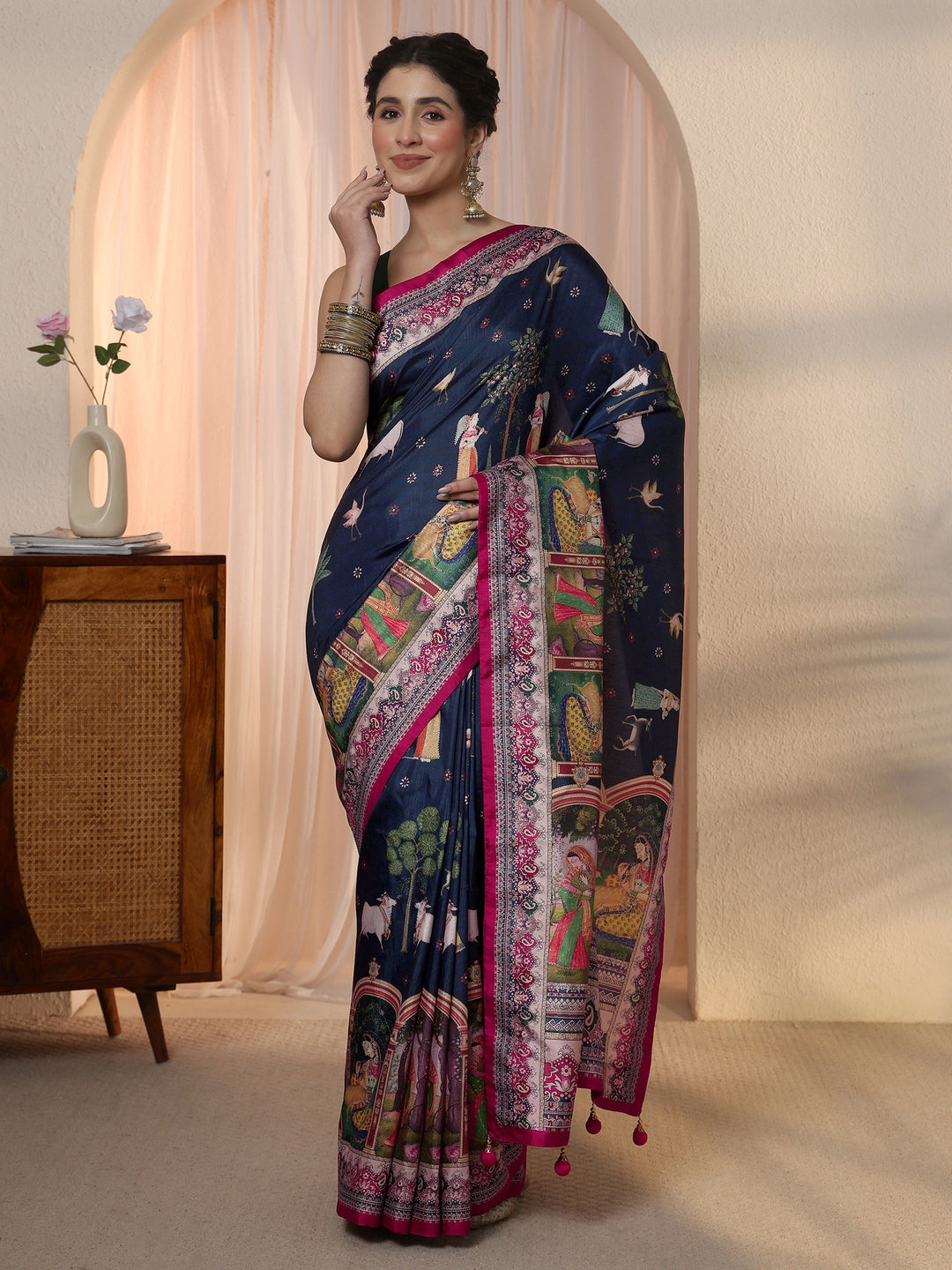 Libas Dark Blue Pichwai Digital Print Silk Blend Saree