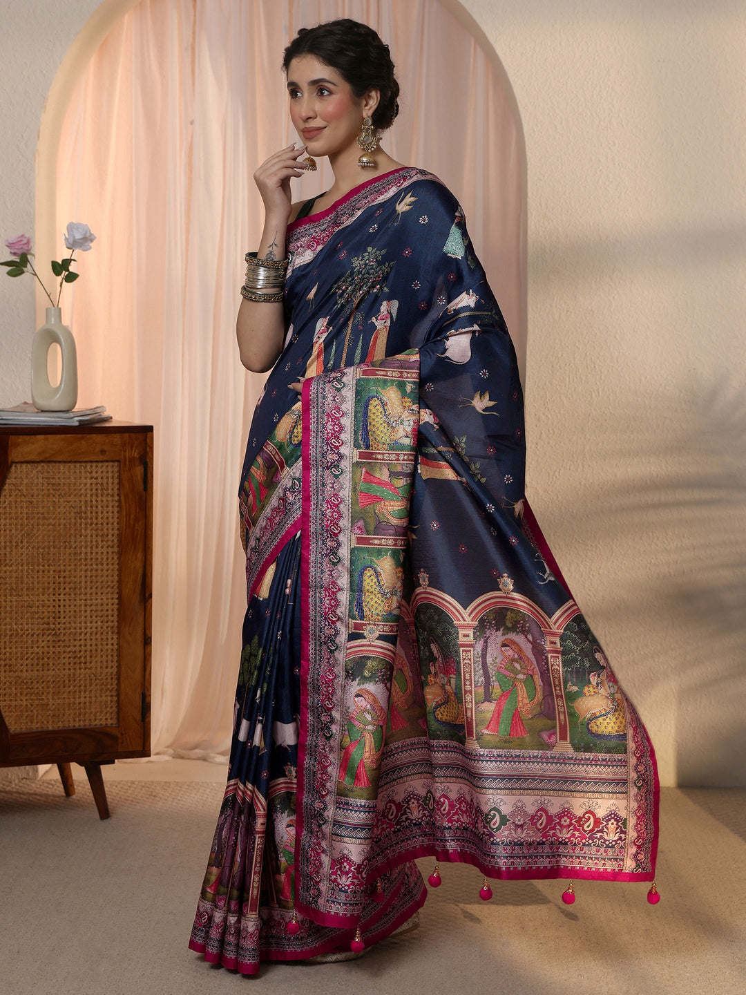 Libas Dark Blue Pichwai Digital Print Silk Blend Saree