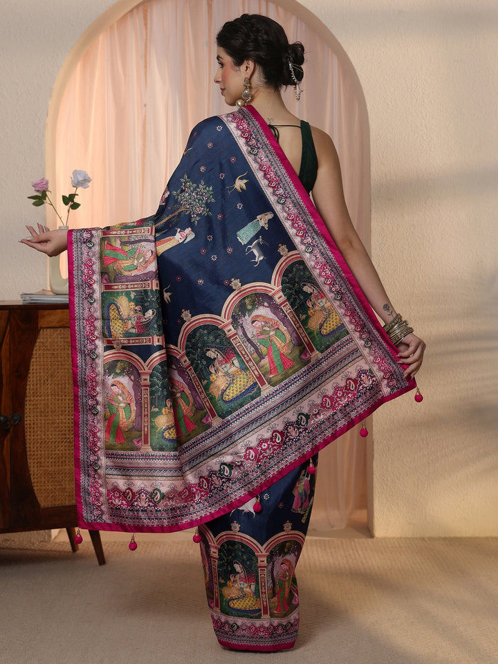 Libas Dark Blue Pichwai Digital Print Silk Blend Saree