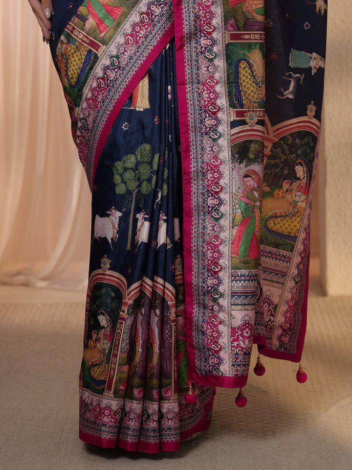 Libas Dark Blue Pichwai Digital Print Silk Blend Saree