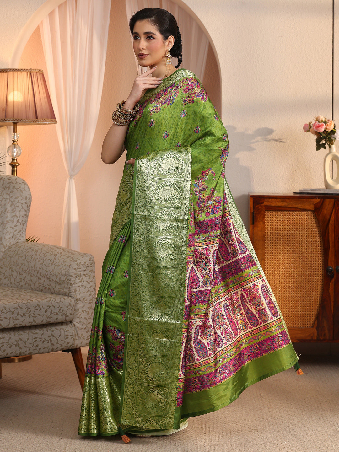 Libas Green Paisley Printed Silk Blend Saree with Woven Border