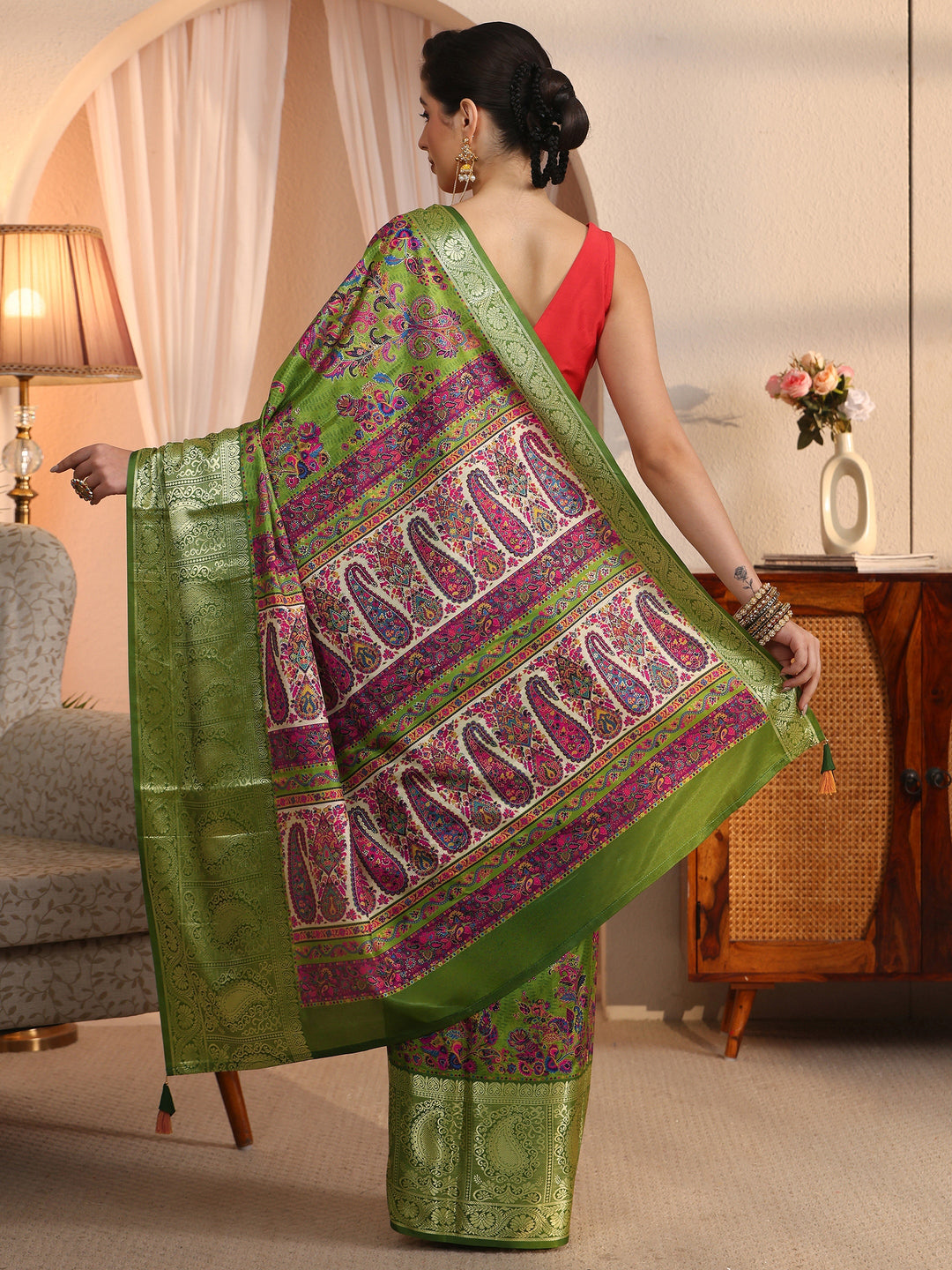 Libas Green Paisley Printed Silk Blend Saree with Woven Border