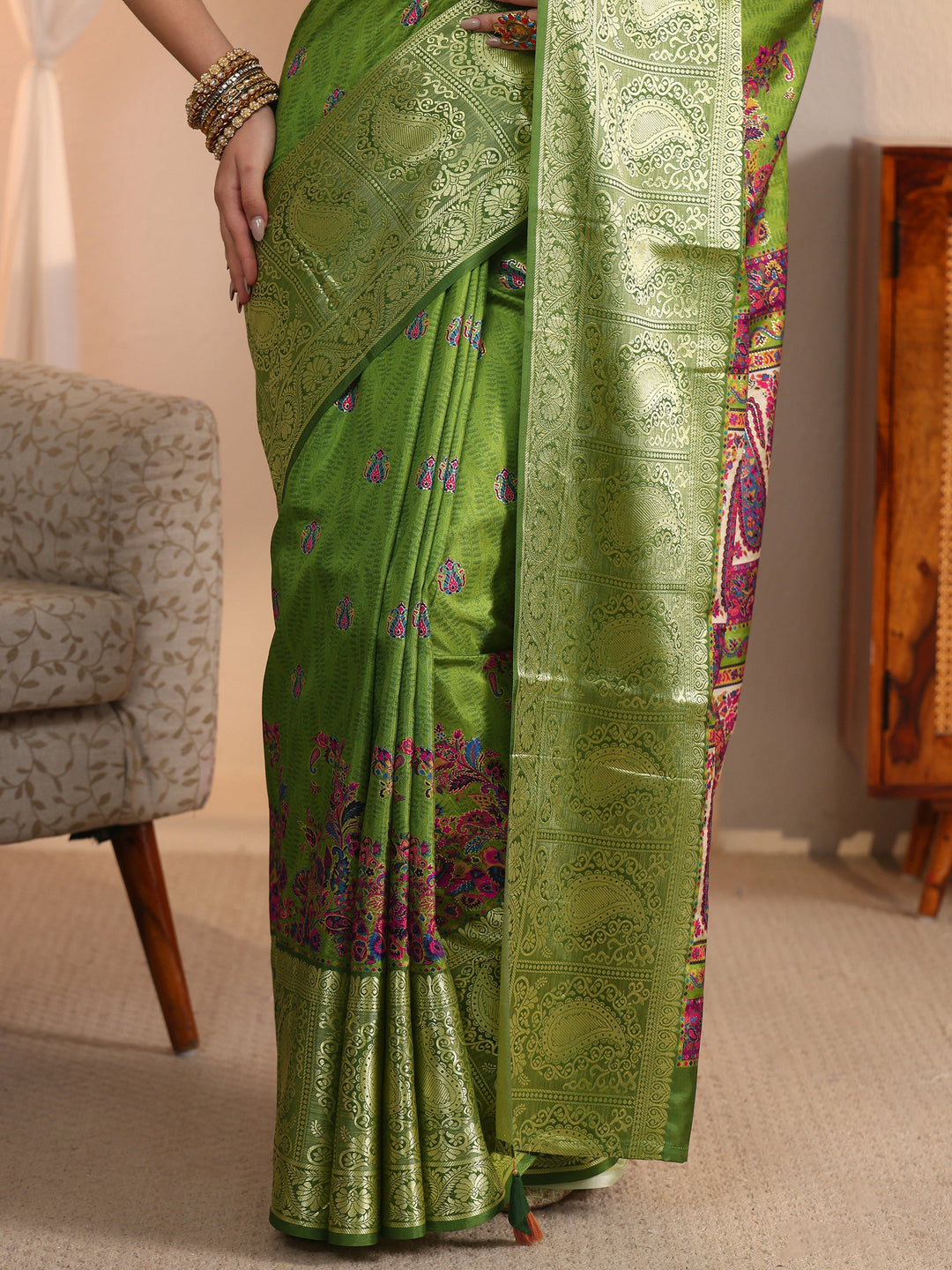 Libas Green Paisley Printed Silk Blend Saree with Woven Border