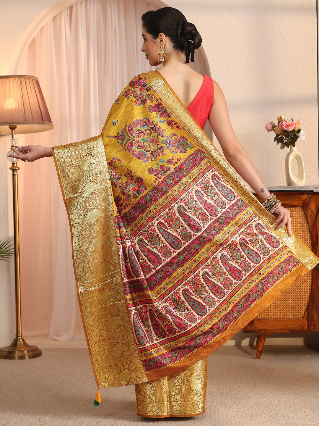 Libas Mustard Paisley Printed Silk Blend Saree with Woven Border